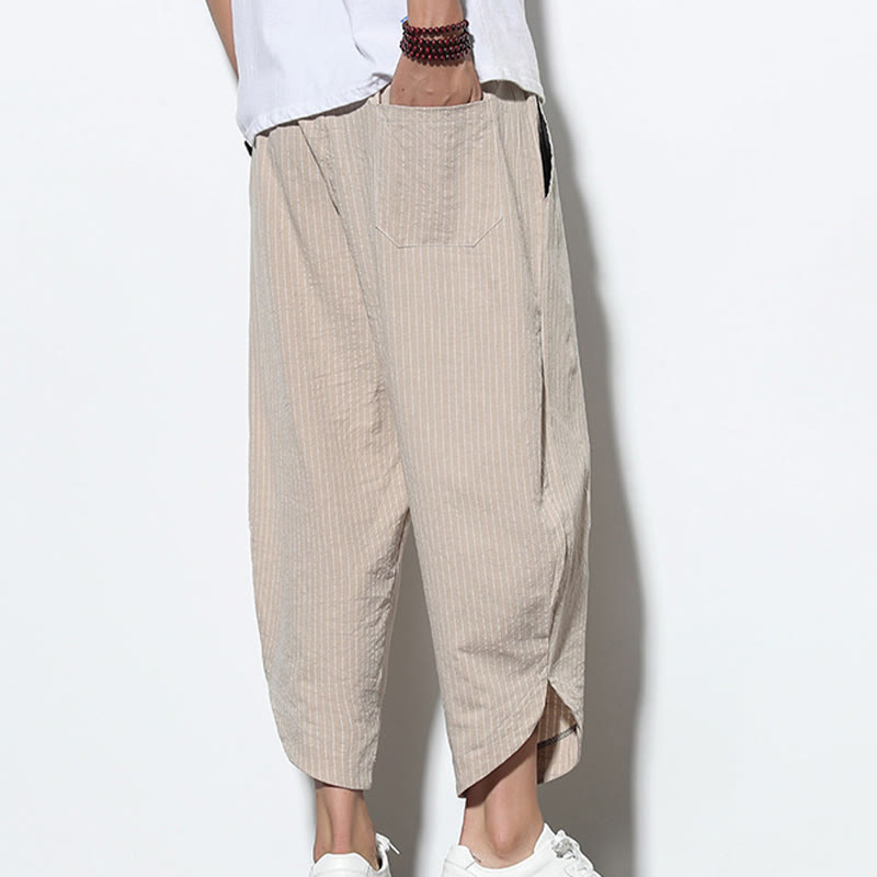 Summer Stripes Pattern Drawstring Cotton Linen Men's 7-8 Length Harem Pants With Pockets