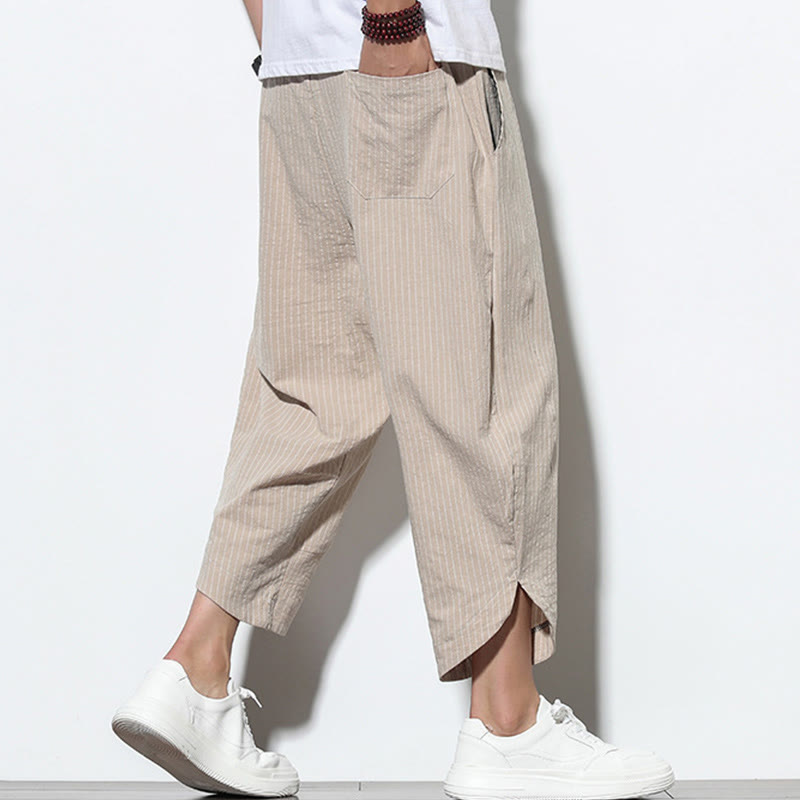 Summer Stripes Pattern Drawstring Cotton Linen Men's 7-8 Length Harem Pants With Pockets
