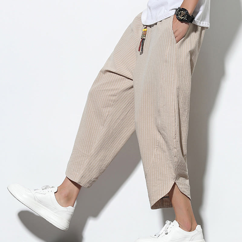 Summer Stripes Pattern Drawstring Cotton Linen Men's 7-8 Length Harem Pants With Pockets