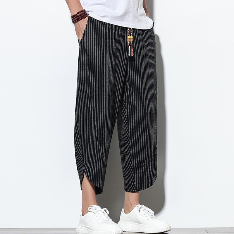 Summer Stripes Pattern Drawstring Cotton Linen Men's 7-8 Length Harem Pants With Pockets