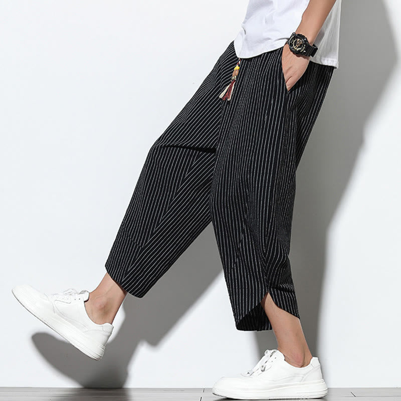 Summer Stripes Pattern Drawstring Cotton Linen Men's 7-8 Length Harem Pants With Pockets