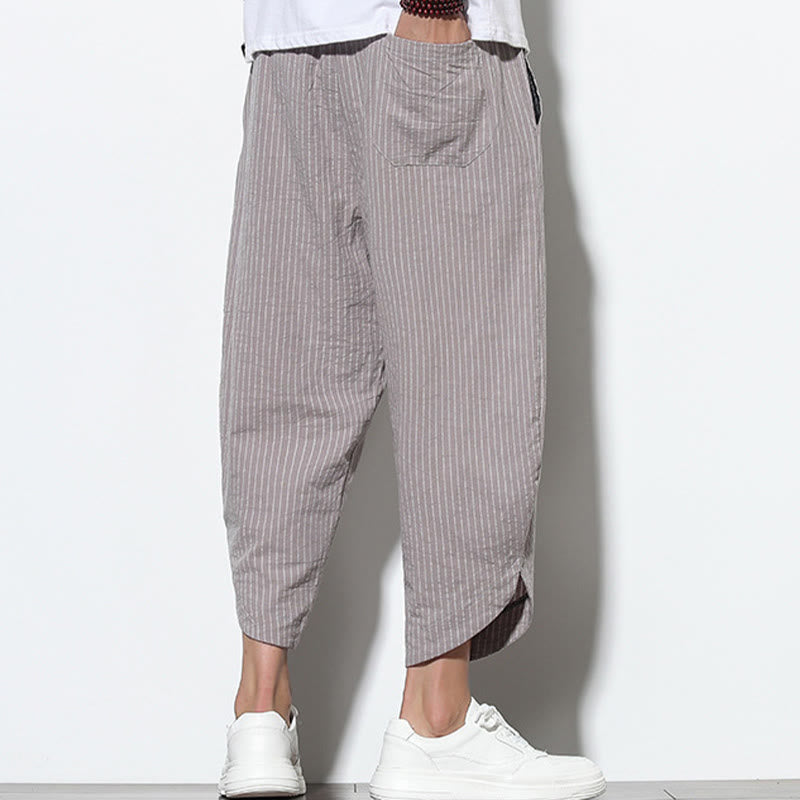 Summer Stripes Pattern Drawstring Cotton Linen Men's 7-8 Length Harem Pants With Pockets