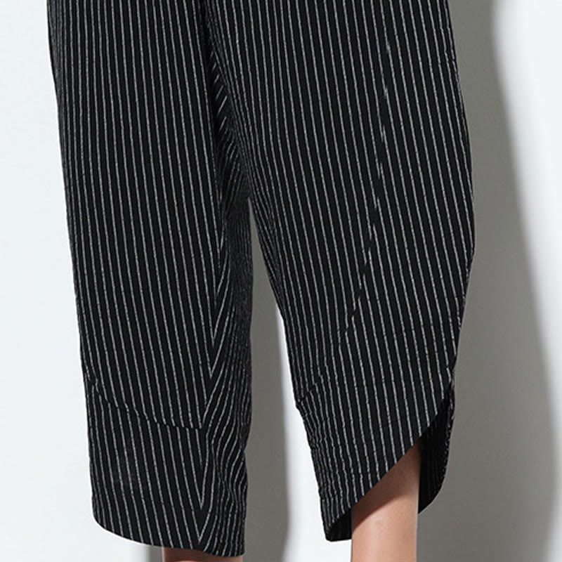 Summer Stripes Pattern Drawstring Cotton Linen Men's 7-8 Length Harem Pants With Pockets
