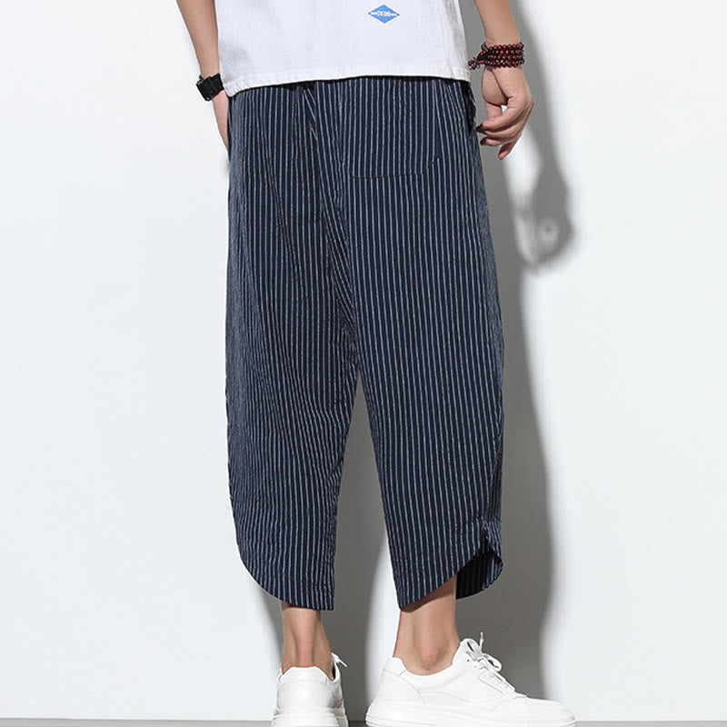 Summer Stripes Pattern Drawstring Cotton Linen Men's 7-8 Length Harem Pants With Pockets