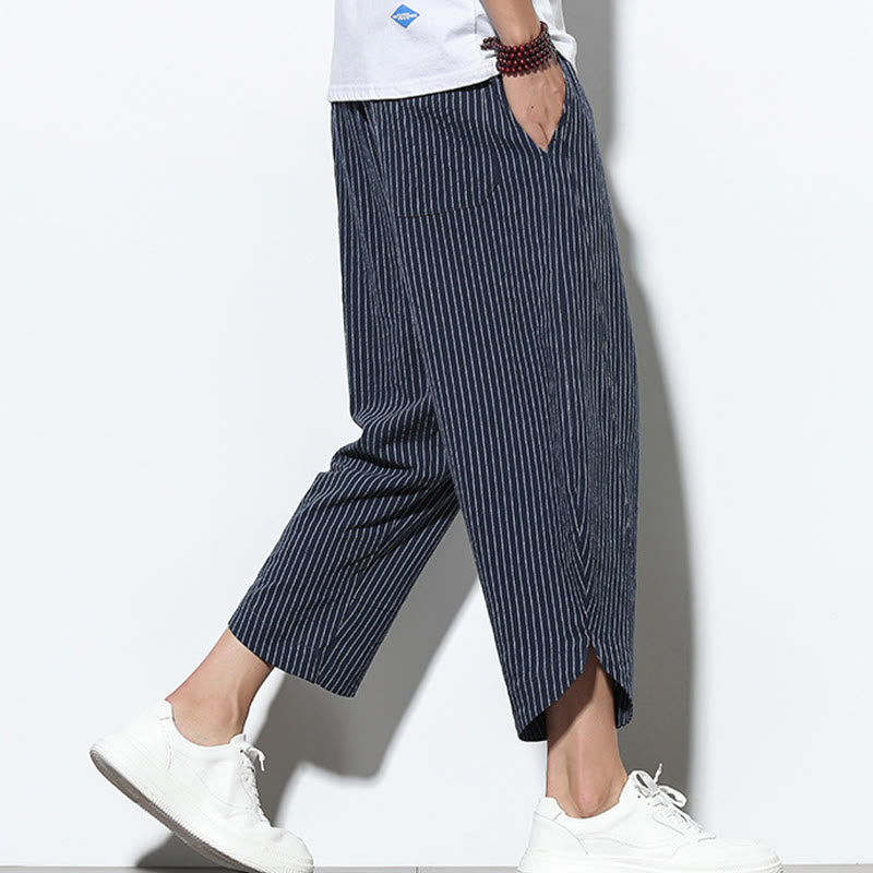 Summer Stripes Pattern Drawstring Cotton Linen Men's 7-8 Length Harem Pants With Pockets