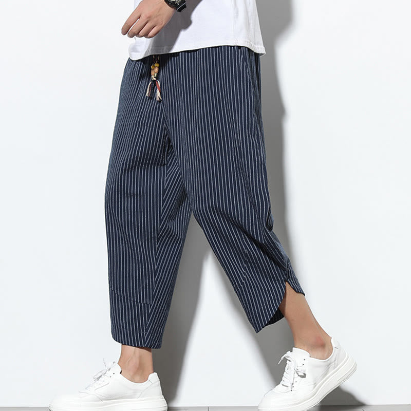 Summer Stripes Pattern Drawstring Cotton Linen Men's 7-8 Length Harem Pants With Pockets