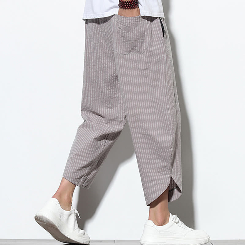 Summer Stripes Pattern Drawstring Cotton Linen Men's 7-8 Length Harem Pants With Pockets