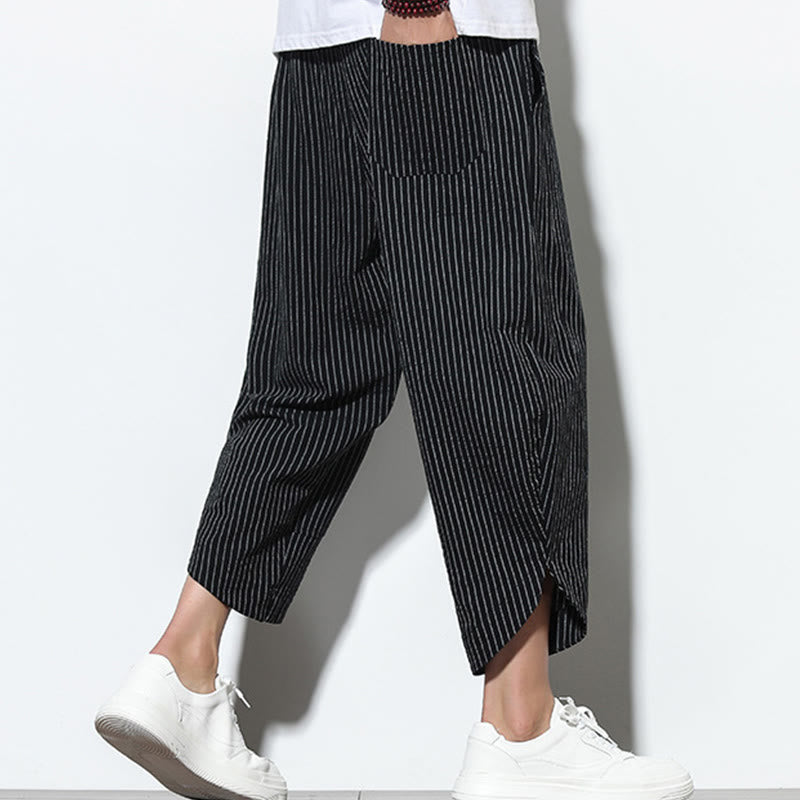 Summer Stripes Pattern Drawstring Cotton Linen Men's 7-8 Length Harem Pants With Pockets