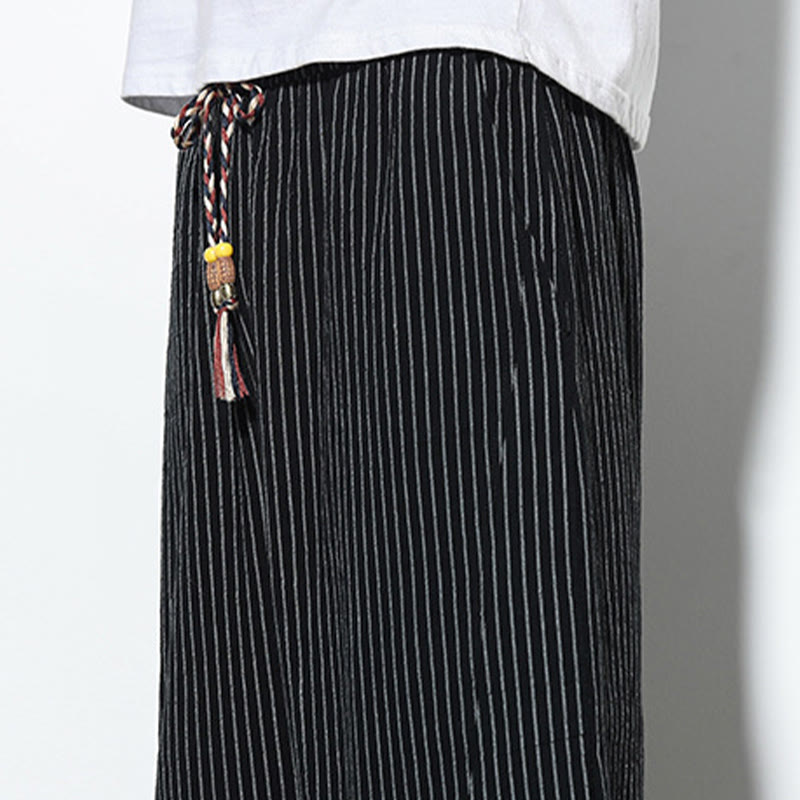 Summer Stripes Pattern Drawstring Cotton Linen Men's 7-8 Length Harem Pants With Pockets