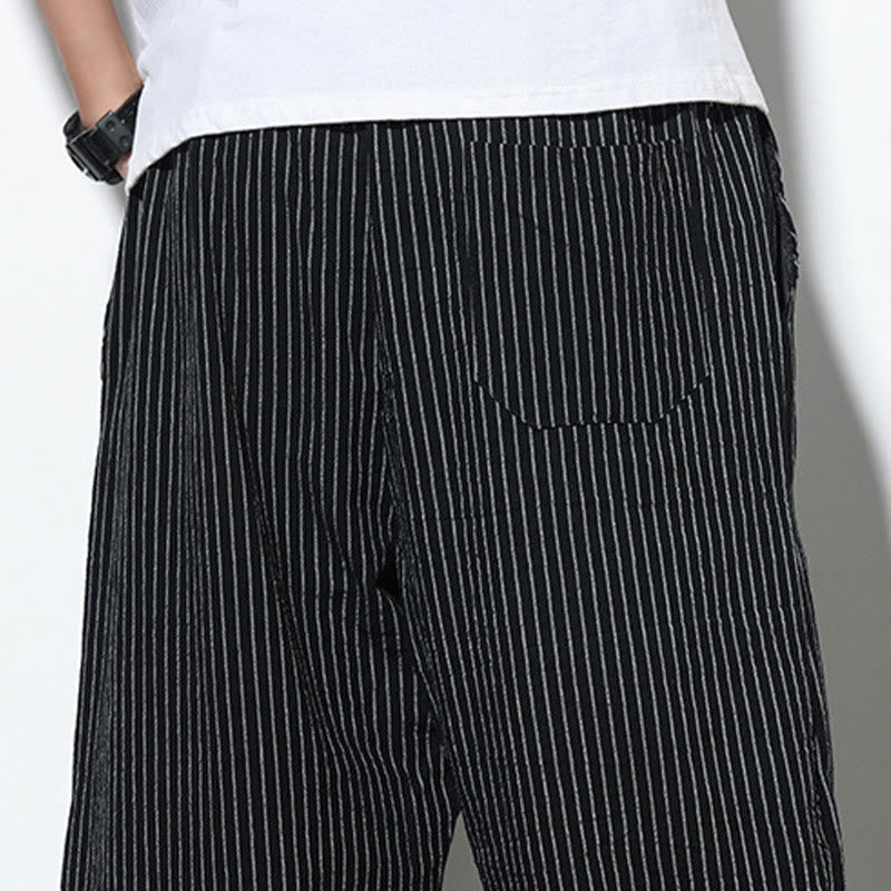 Summer Stripes Pattern Drawstring Cotton Linen Men's 7-8 Length Harem Pants With Pockets