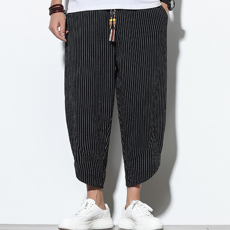 Summer Stripes Pattern Drawstring Cotton Linen Men's 7-8 Length Harem Pants With Pockets