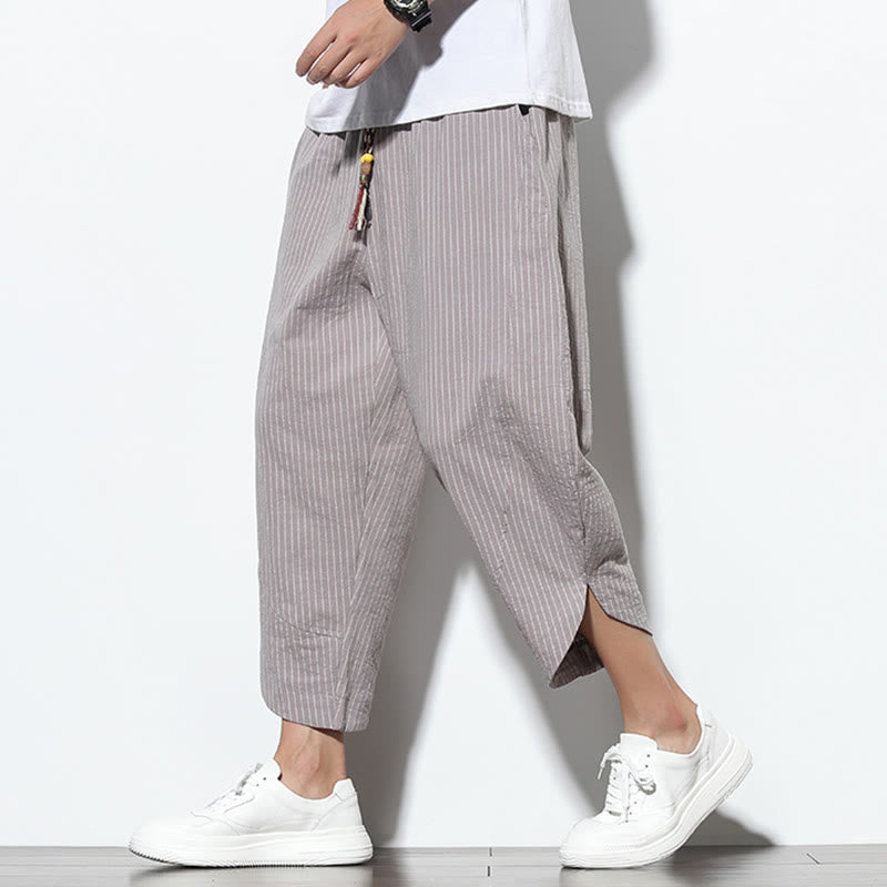 Summer Stripes Pattern Drawstring Cotton Linen Men's 7-8 Length Harem Pants With Pockets