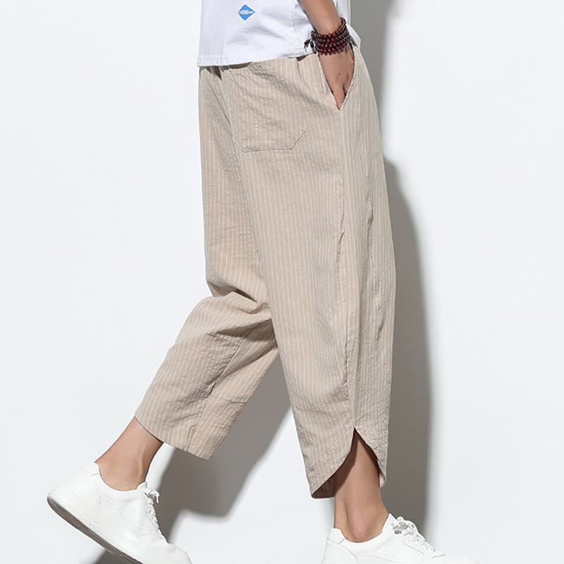 Summer Stripes Pattern Drawstring Cotton Linen Men's 7-8 Length Harem Pants With Pockets