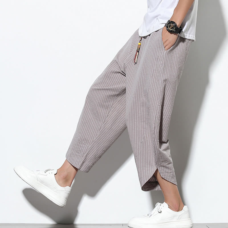 Summer Stripes Pattern Drawstring Cotton Linen Men's 7-8 Length Harem Pants With Pockets