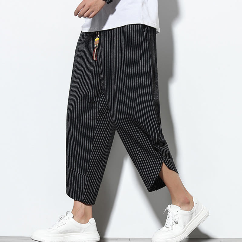 Summer Stripes Pattern Drawstring Cotton Linen Men's 7-8 Length Harem Pants With Pockets