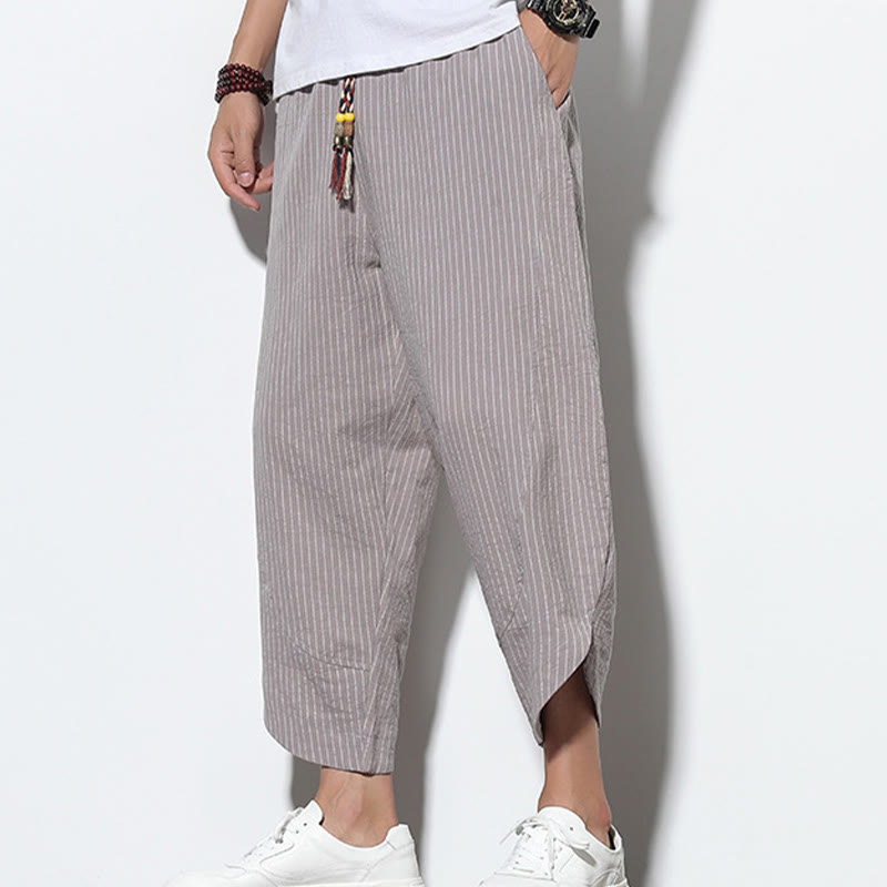 Summer Stripes Pattern Drawstring Cotton Linen Men's 7-8 Length Harem Pants With Pockets