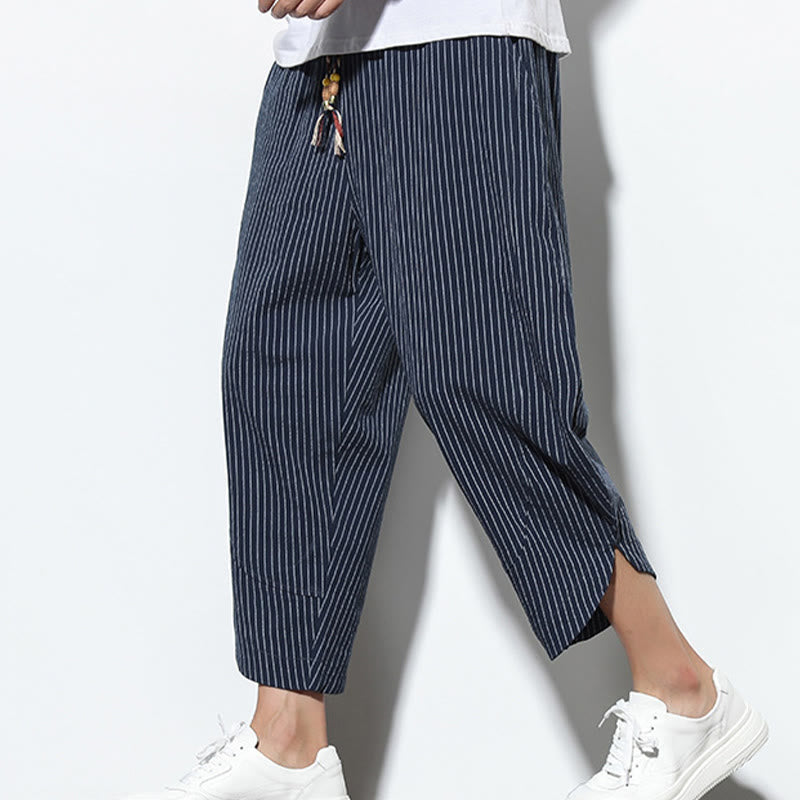 Summer Stripes Pattern Drawstring Cotton Linen Men's 7-8 Length Harem Pants With Pockets