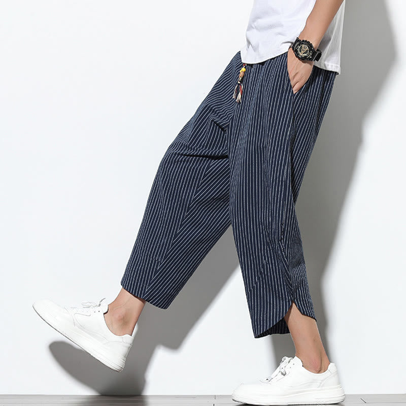Summer Stripes Pattern Drawstring Cotton Linen Men's 7-8 Length Harem Pants With Pockets