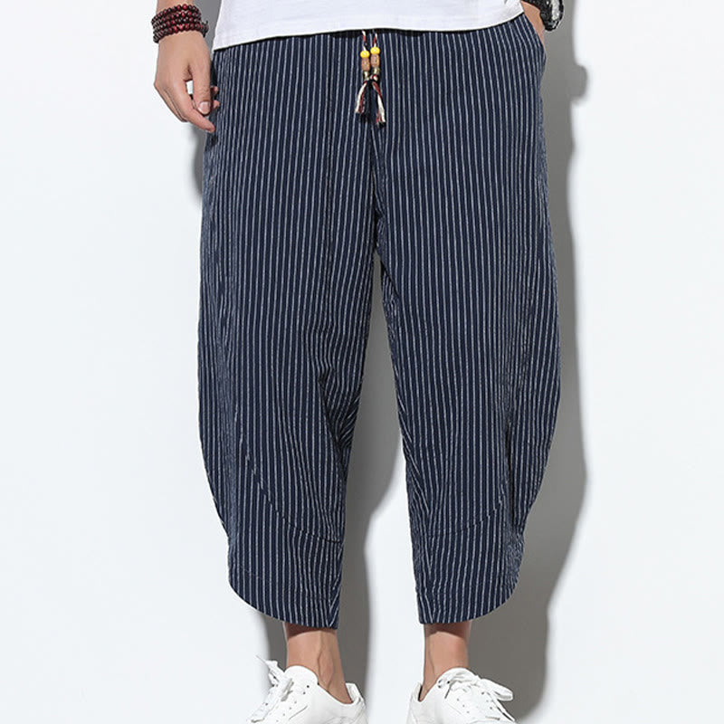 Summer Stripes Pattern Drawstring Cotton Linen Men's 7-8 Length Harem Pants With Pockets