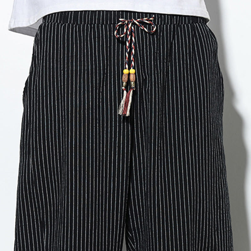 Summer Stripes Pattern Drawstring Cotton Linen Men's 7-8 Length Harem Pants With Pockets