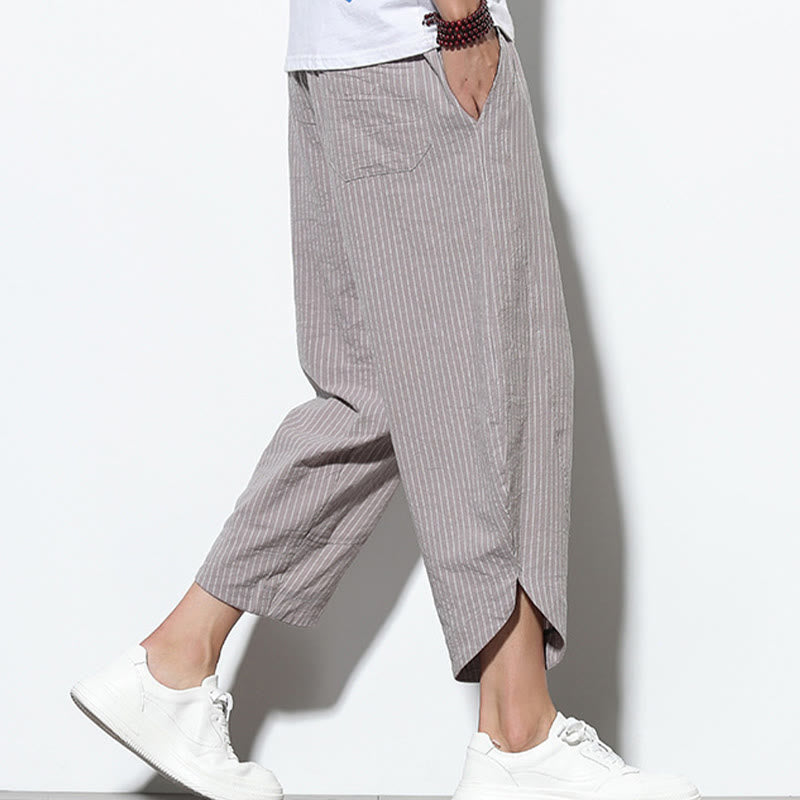 Summer Stripes Pattern Drawstring Cotton Linen Men's 7-8 Length Harem Pants With Pockets