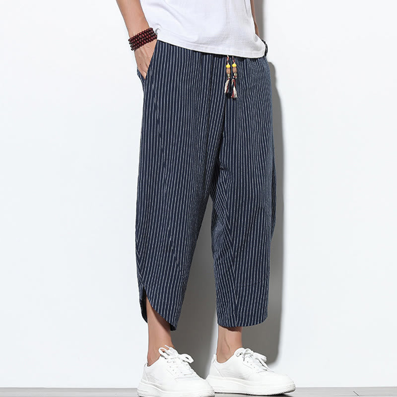 Summer Stripes Pattern Drawstring Cotton Linen Men's 7-8 Length Harem Pants With Pockets