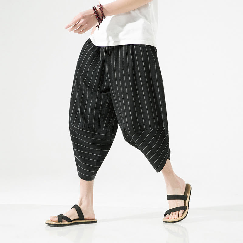 Casual Plain Stripes Pattern Drawstring Men's 7-8 Length Cotton Linen Harem Pants With Pockets