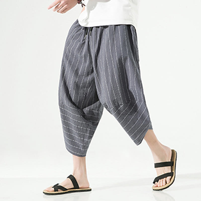 Casual Plain Stripes Pattern Drawstring Men's 7-8 Length Cotton Linen Harem Pants With Pockets