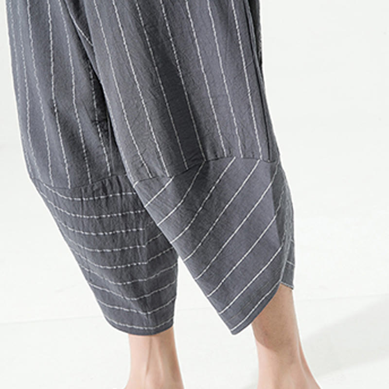 Casual Plain Stripes Pattern Drawstring Men's 7-8 Length Cotton Linen Harem Pants With Pockets