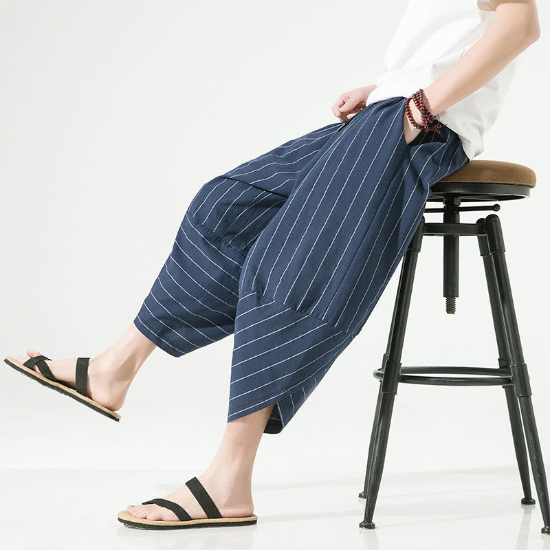 Casual Plain Stripes Pattern Drawstring Men's 7-8 Length Cotton Linen Harem Pants With Pockets