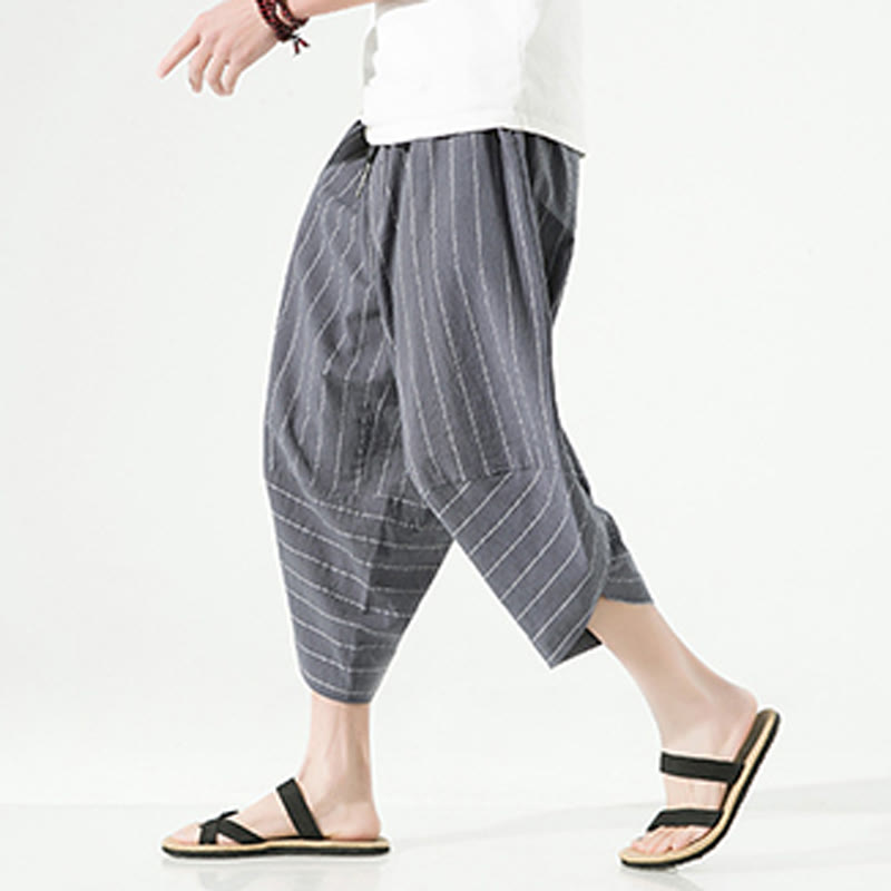 Casual Plain Stripes Pattern Drawstring Men's 7-8 Length Cotton Linen Harem Pants With Pockets