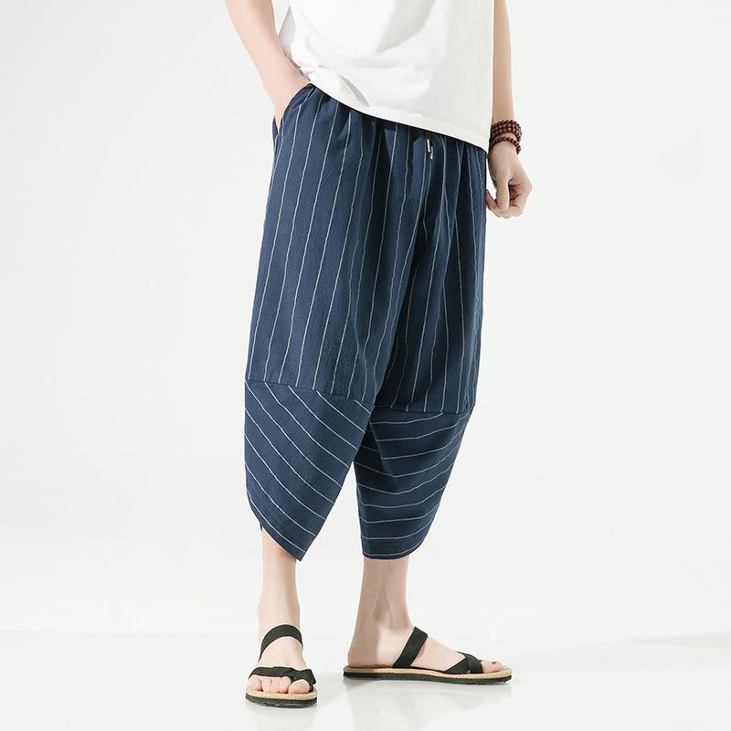 Casual Plain Stripes Pattern Drawstring Men's 7-8 Length Cotton Linen Harem Pants With Pockets