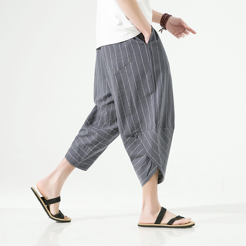 Casual Plain Stripes Pattern Drawstring Men's 7-8 Length Cotton Linen Harem Pants With Pockets