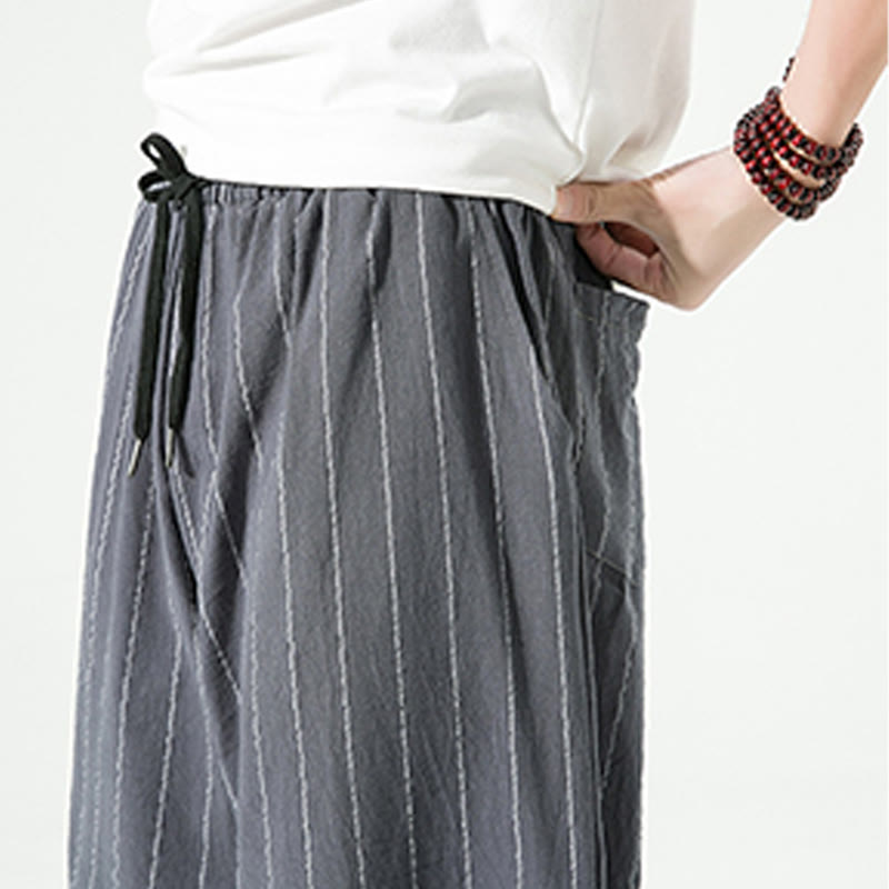 Casual Plain Stripes Pattern Drawstring Men's 7-8 Length Cotton Linen Harem Pants With Pockets