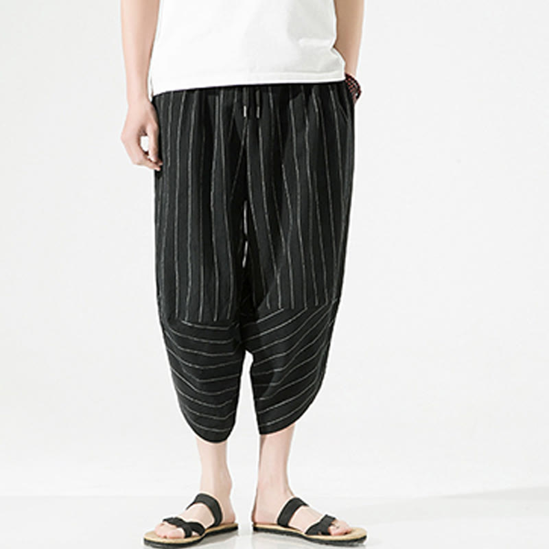 Casual Plain Stripes Pattern Drawstring Men's 7-8 Length Cotton Linen Harem Pants With Pockets