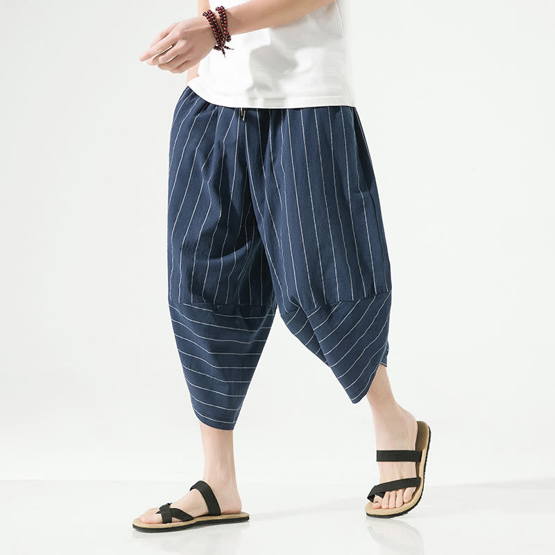 Casual Plain Stripes Pattern Drawstring Men's 7-8 Length Cotton Linen Harem Pants With Pockets