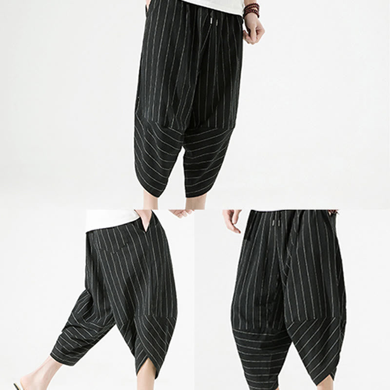 Casual Plain Stripes Pattern Drawstring Men's 7-8 Length Cotton Linen Harem Pants With Pockets