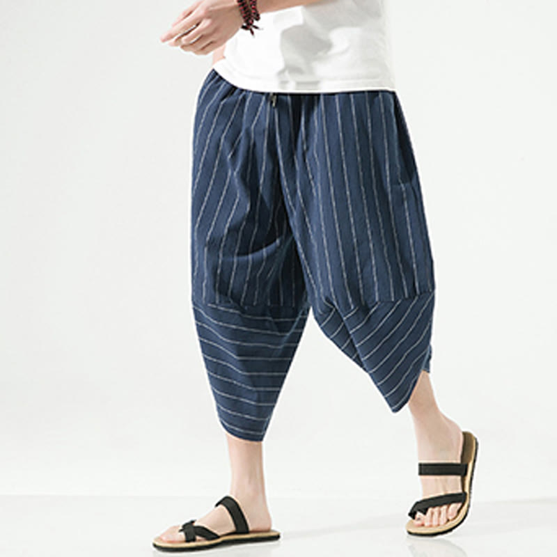 Casual Plain Stripes Pattern Drawstring Men's 7-8 Length Cotton Linen Harem Pants With Pockets
