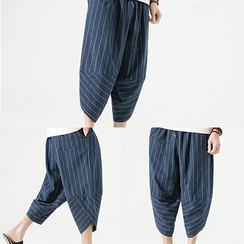 Casual Plain Stripes Pattern Drawstring Men's 7-8 Length Cotton Linen Harem Pants With Pockets