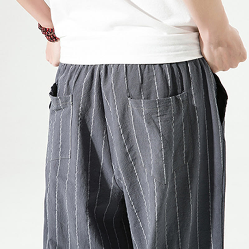 Casual Plain Stripes Pattern Drawstring Men's 7-8 Length Cotton Linen Harem Pants With Pockets