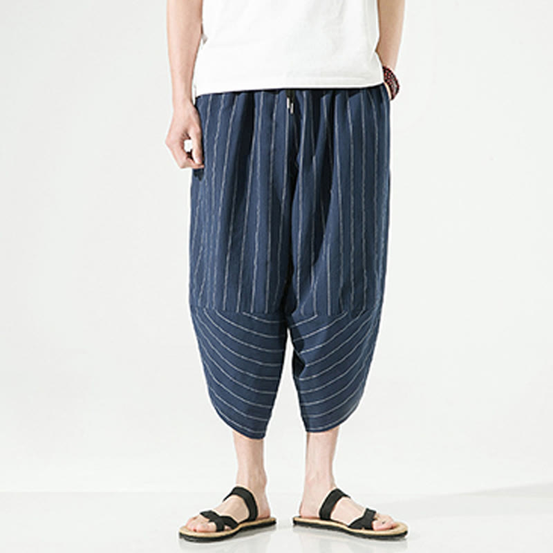 Casual Plain Stripes Pattern Drawstring Men's 7-8 Length Cotton Linen Harem Pants With Pockets
