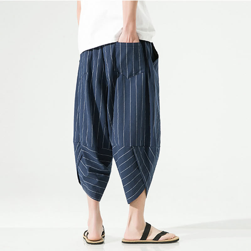 Casual Plain Stripes Pattern Drawstring Men's 7-8 Length Cotton Linen Harem Pants With Pockets