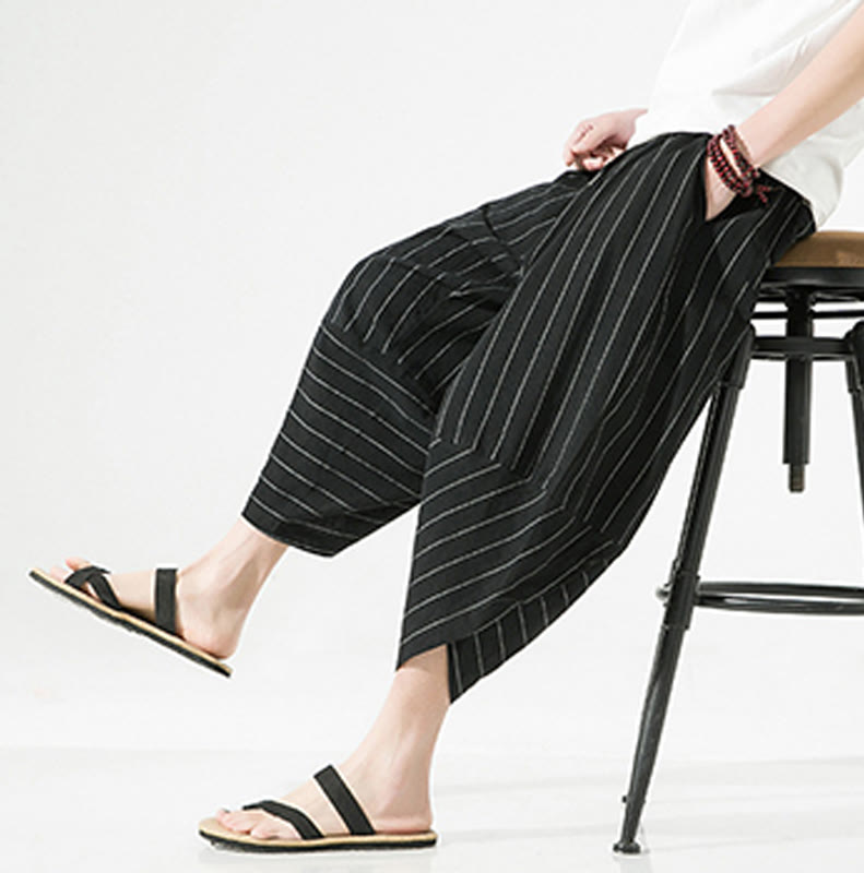 Casual Plain Stripes Pattern Drawstring Men's 7-8 Length Cotton Linen Harem Pants With Pockets