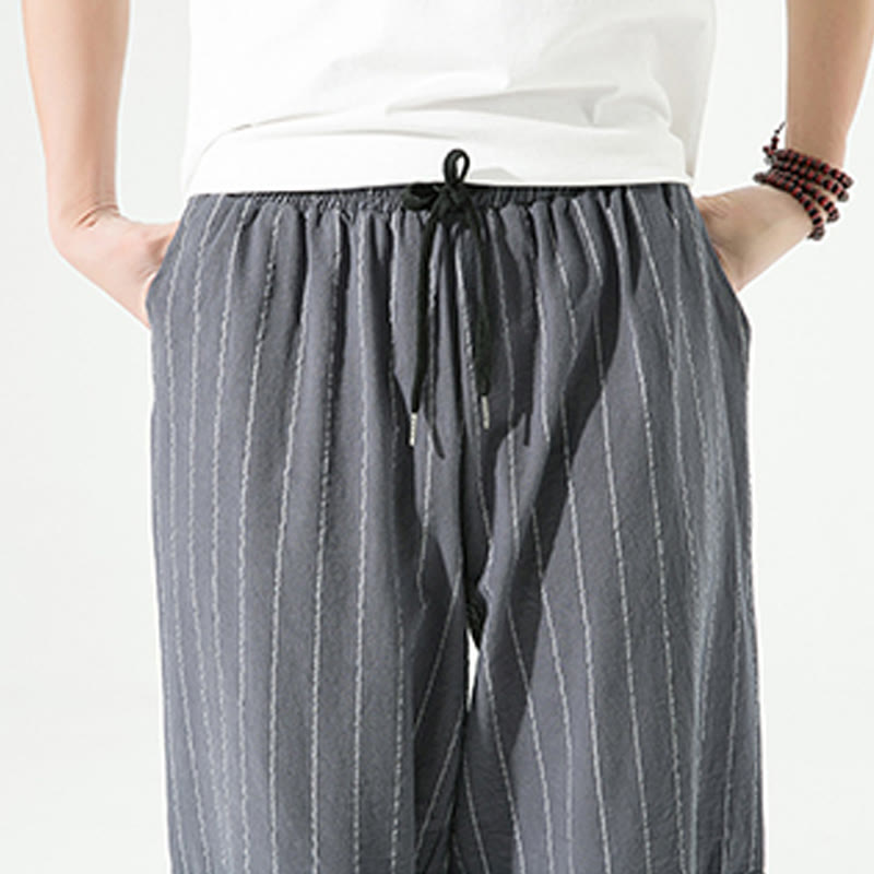 Casual Plain Stripes Pattern Drawstring Men's 7-8 Length Cotton Linen Harem Pants With Pockets
