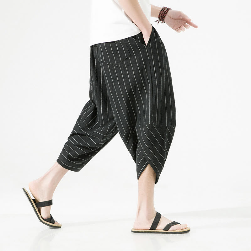 Casual Plain Stripes Pattern Drawstring Men's 7-8 Length Cotton Linen Harem Pants With Pockets