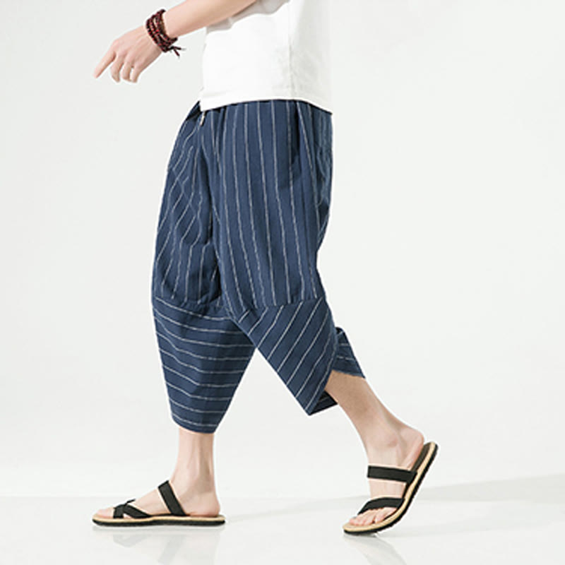 Casual Plain Stripes Pattern Drawstring Men's 7-8 Length Cotton Linen Harem Pants With Pockets