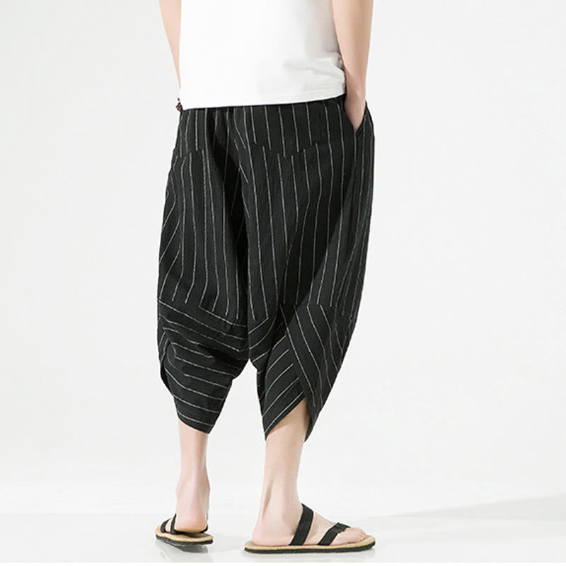 Casual Plain Stripes Pattern Drawstring Men's 7-8 Length Cotton Linen Harem Pants With Pockets