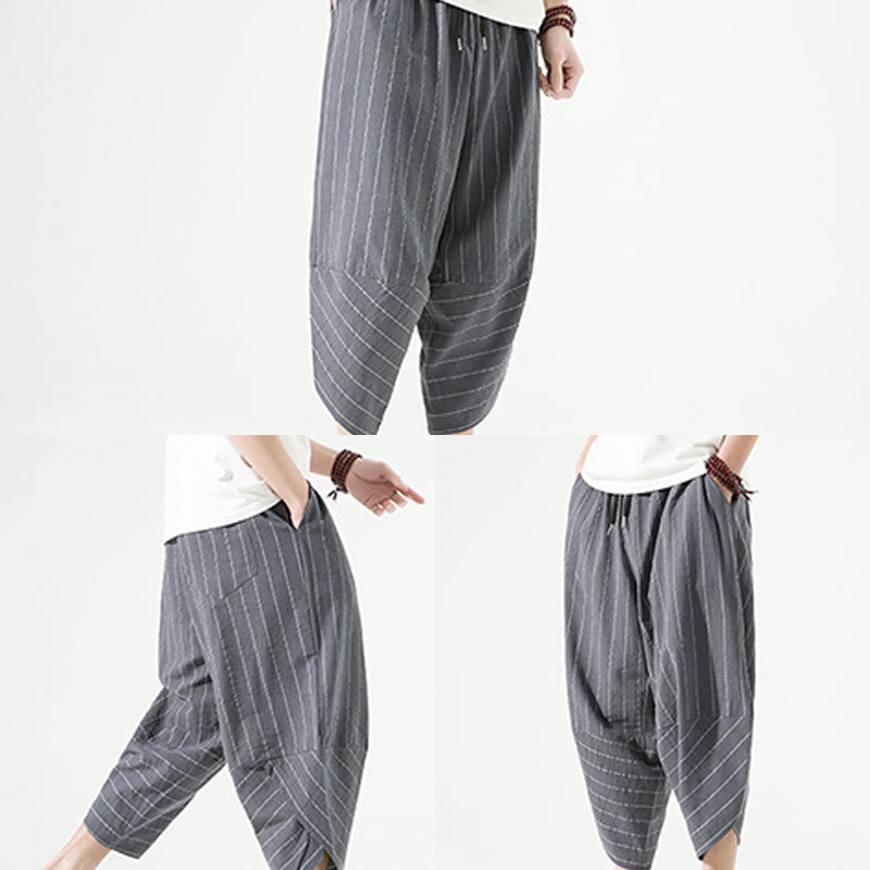 Casual Plain Stripes Pattern Drawstring Men's 7-8 Length Cotton Linen Harem Pants With Pockets
