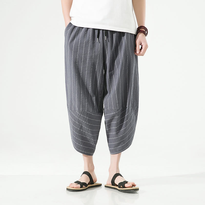 Casual Plain Stripes Pattern Drawstring Men's 7-8 Length Cotton Linen Harem Pants With Pockets