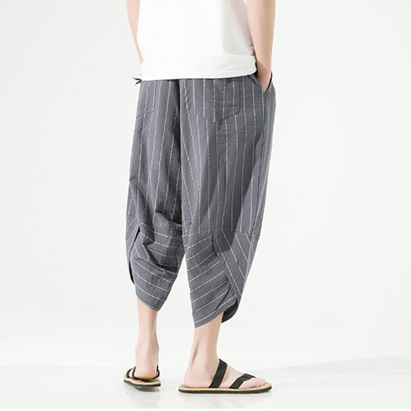 Casual Plain Stripes Pattern Drawstring Men's 7-8 Length Cotton Linen Harem Pants With Pockets